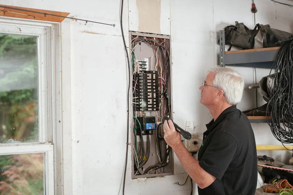 An electrician carefully examines a residential fuse box indoors.